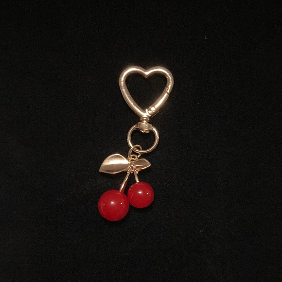 Accessories - Gold-tone Red Cherry Keychain or Bag Charm on Swivel Heart Clip -New
